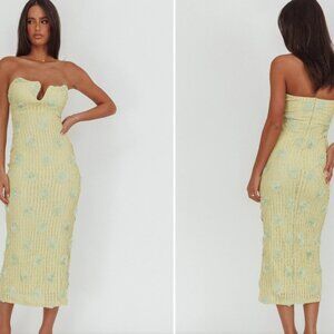 Horizon Strapless Textured Floral Midi Dress Green